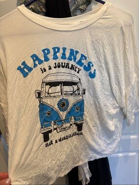 White Graphic Tee "Happiness is a Journey" with Blue Van